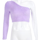 Asymmetrical One-Shoulder Crop Top – Purple Long Sleeve Chic