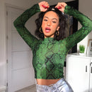 Serpent Chic Mesh Crop Top – Green Snake Print Long Sleeve