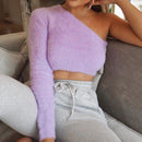 Asymmetrical One-Shoulder Crop Top – Purple Long Sleeve Chic