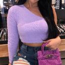 Asymmetrical One-Shoulder Crop Top – Purple Long Sleeve Chic